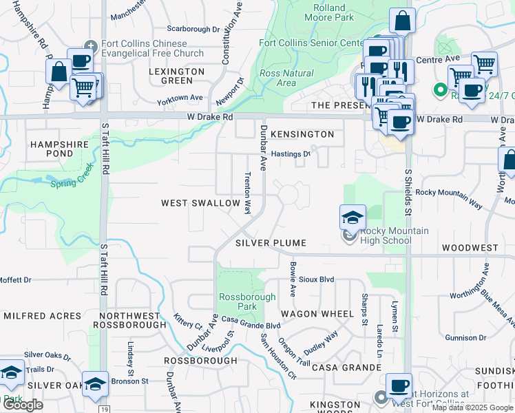 map of restaurants, bars, coffee shops, grocery stores, and more near 2848 Dunbar Avenue in Fort Collins