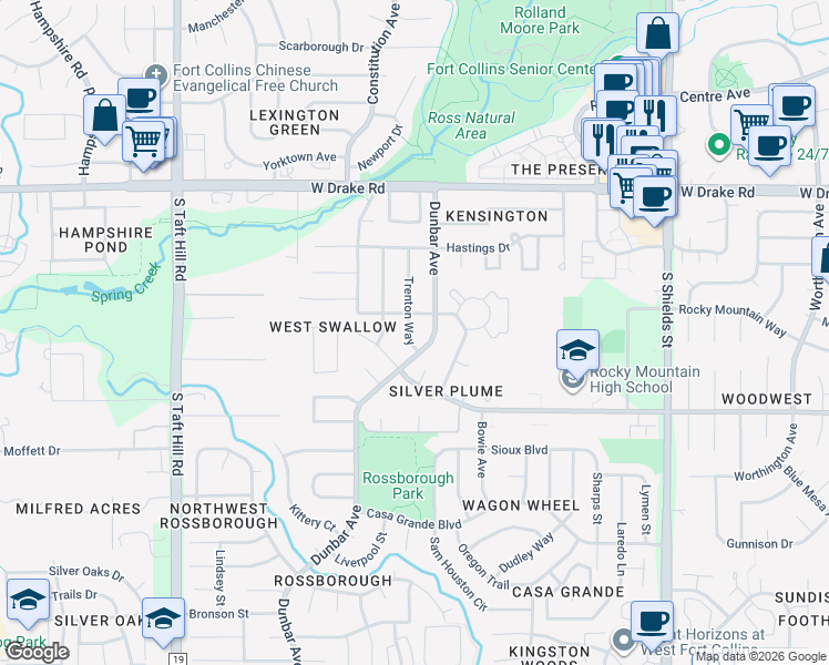 map of restaurants, bars, coffee shops, grocery stores, and more near 1624 West Swallow Road in Fort Collins