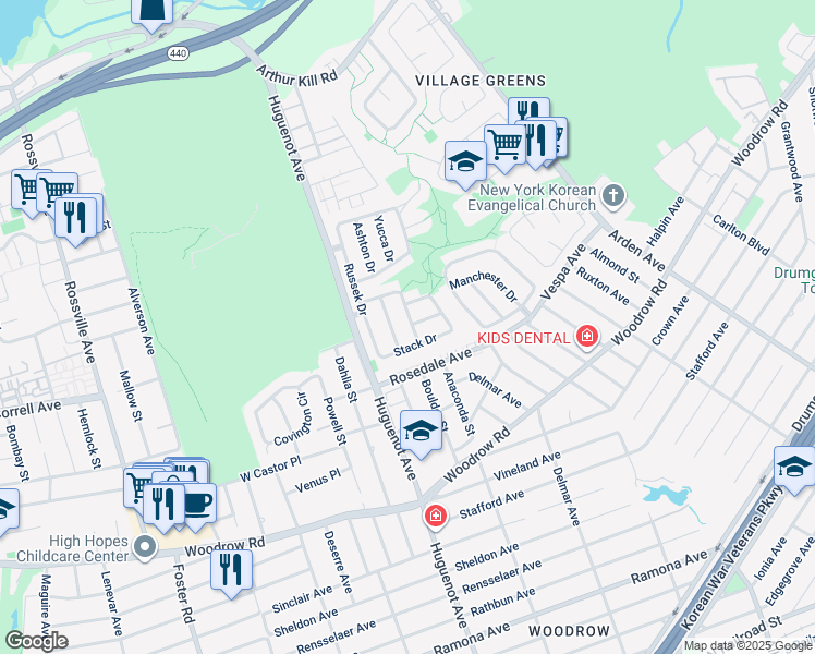 map of restaurants, bars, coffee shops, grocery stores, and more near 59A Stack Drive in Staten Island