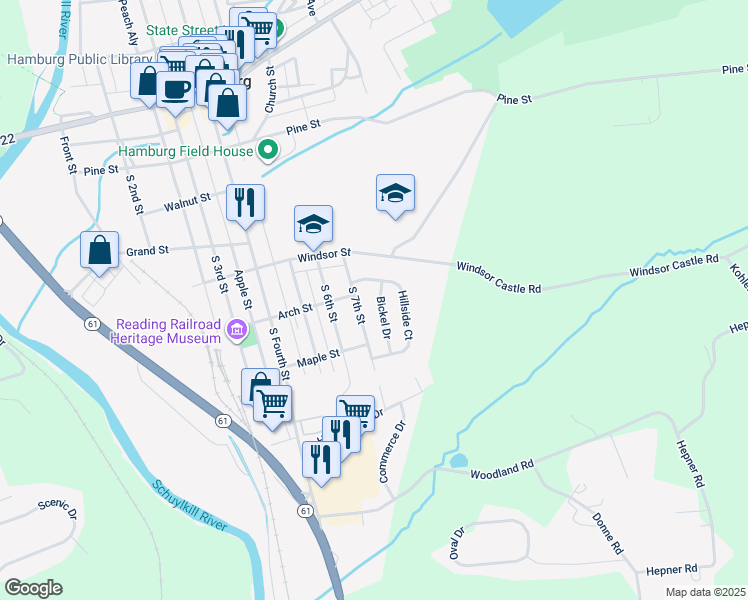 map of restaurants, bars, coffee shops, grocery stores, and more near 504 Bickel Drive in Hamburg
