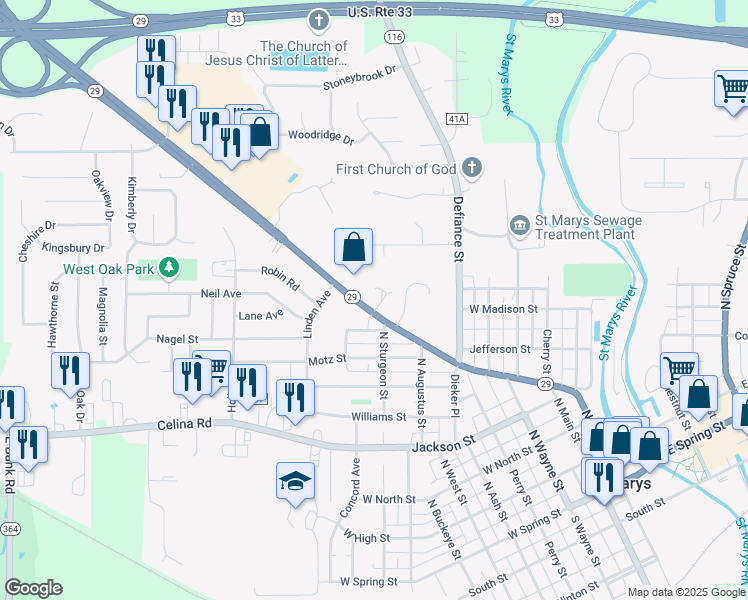 map of restaurants, bars, coffee shops, grocery stores, and more near 800 Indiana Avenue in Saint Marys