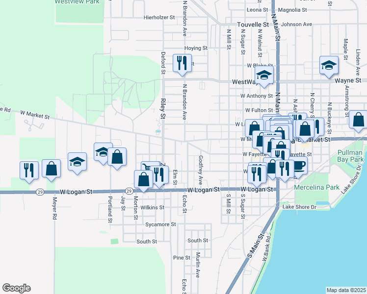 map of restaurants, bars, coffee shops, grocery stores, and more near 602 West Market Street in Celina