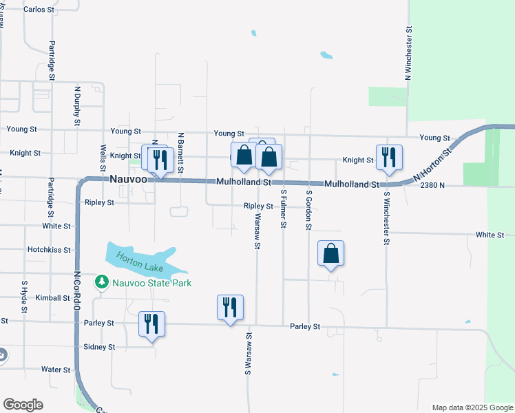 map of restaurants, bars, coffee shops, grocery stores, and more near 201 Warsaw Street in Nauvoo