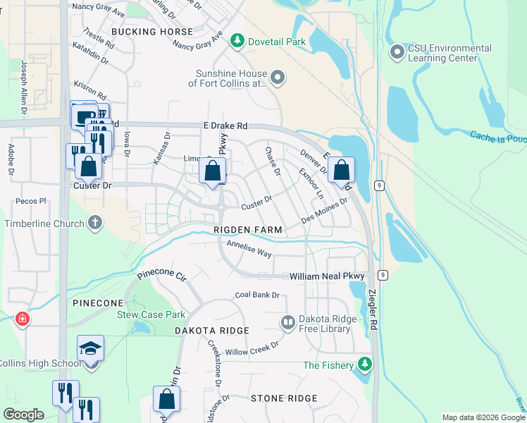 map of restaurants, bars, coffee shops, grocery stores, and more near 2926 Des Moines Drive in Fort Collins