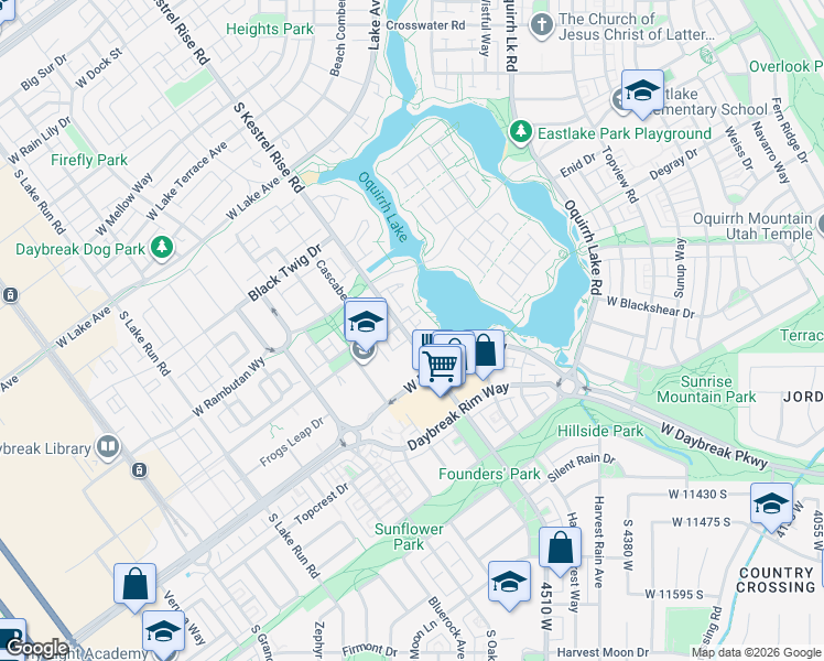 map of restaurants, bars, coffee shops, grocery stores, and more near Kestrel Rise Road in South Jordan