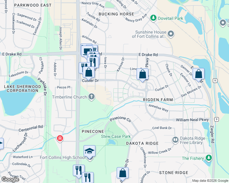 map of restaurants, bars, coffee shops, grocery stores, and more near 2863 Kansas Drive in Fort Collins