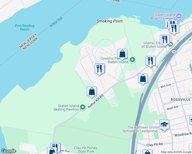map of restaurants, bars, coffee shops, grocery stores, and more near 80 Industrial Loop in Staten Island