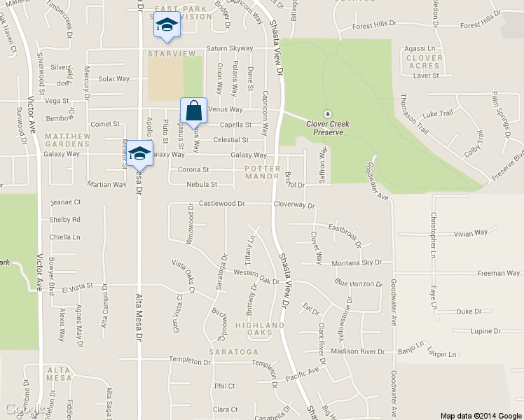 map of restaurants, bars, coffee shops, grocery stores, and more near 2487 Castlewood Drive in Redding