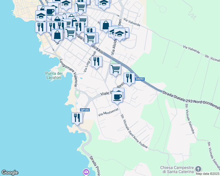 map of restaurants, bars, coffee shops, grocery stores, and more near 41 Viale della Resistenza in Alghero