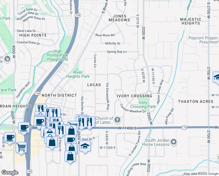 map of restaurants, bars, coffee shops, grocery stores, and more near 11159 Via Encantada Way in South Jordan