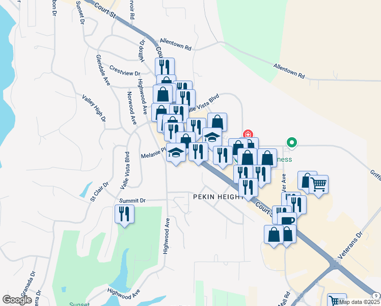 map of restaurants, bars, coffee shops, grocery stores, and more near 3090 Illinois 9 in Peoria