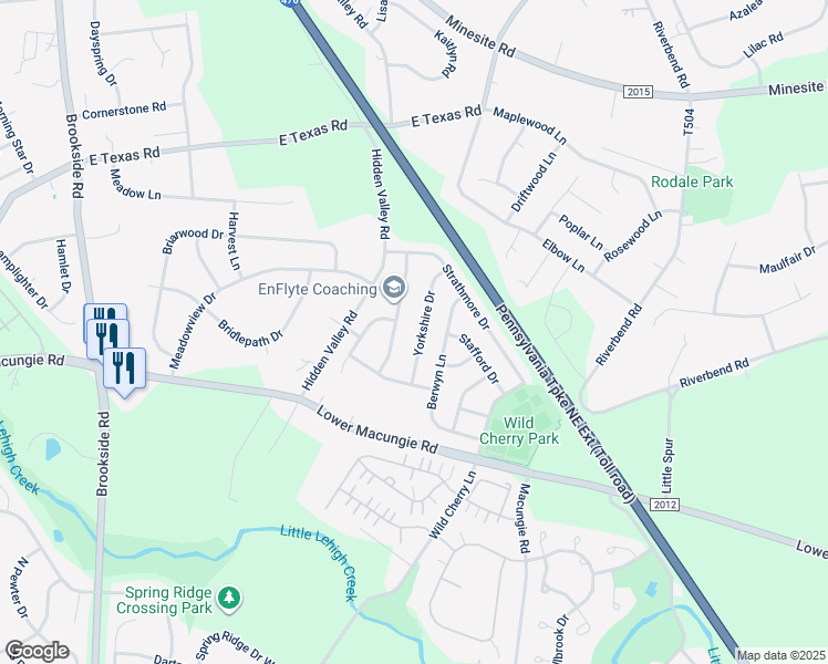 map of restaurants, bars, coffee shops, grocery stores, and more near 4736 Yorkshire Drive in Macungie