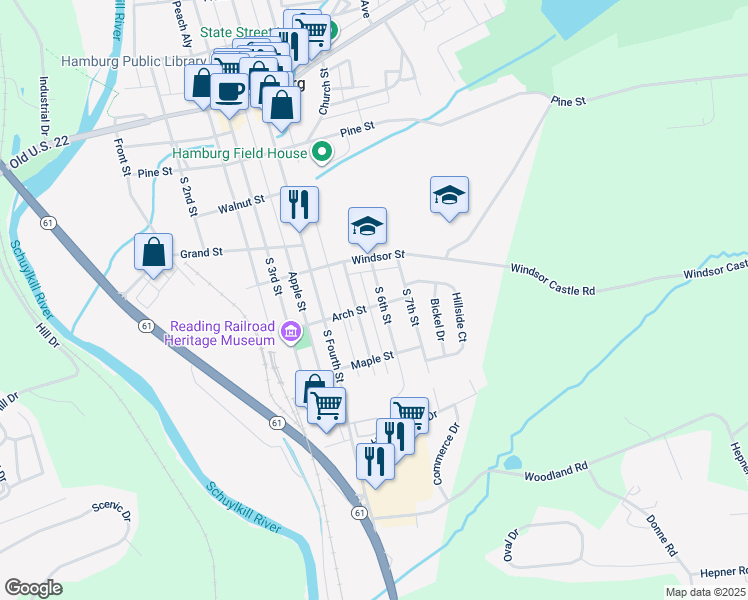 map of restaurants, bars, coffee shops, grocery stores, and more near 416 South 6th Street in Hamburg