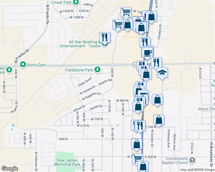 map of restaurants, bars, coffee shops, grocery stores, and more near 892 Flint Circle in Tooele