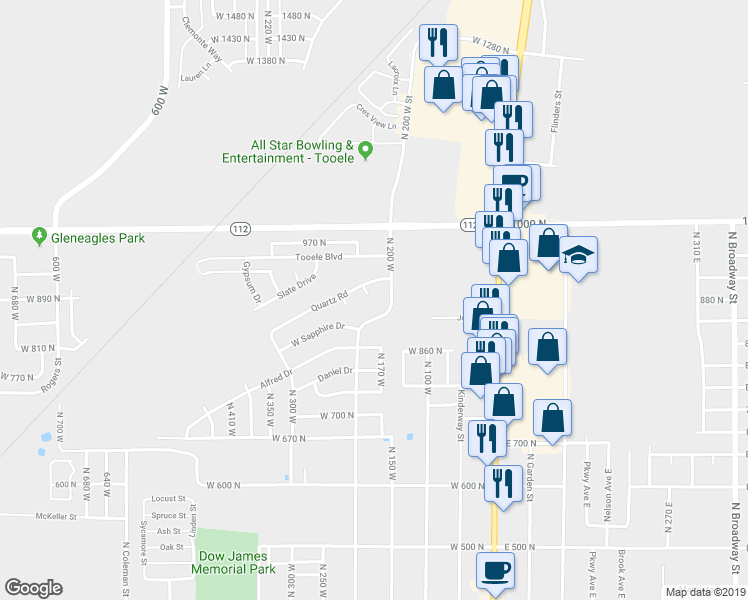 map of restaurants, bars, coffee shops, grocery stores, and more near 892 Flint Circle in Tooele