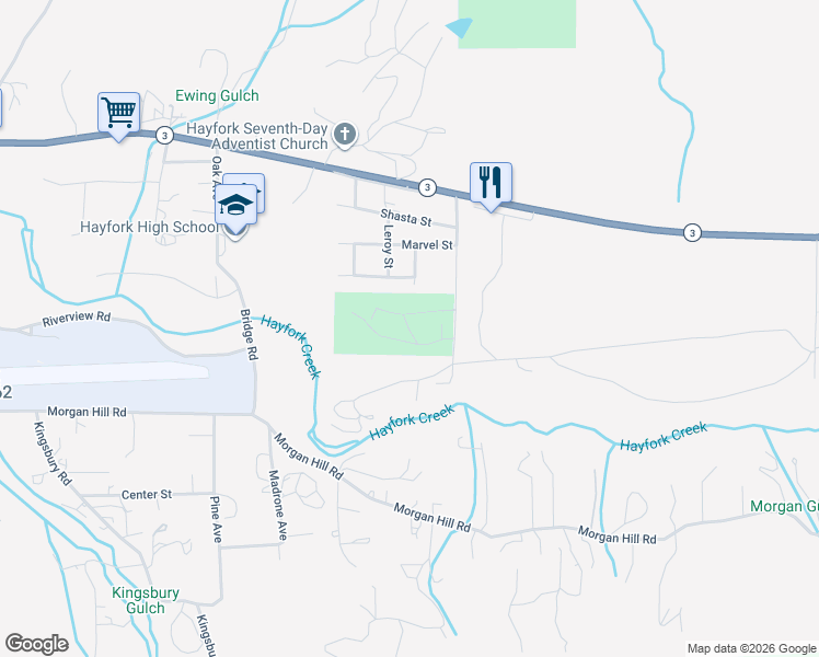 map of restaurants, bars, coffee shops, grocery stores, and more near Hayfork Ranger Station Rd in Hayfork