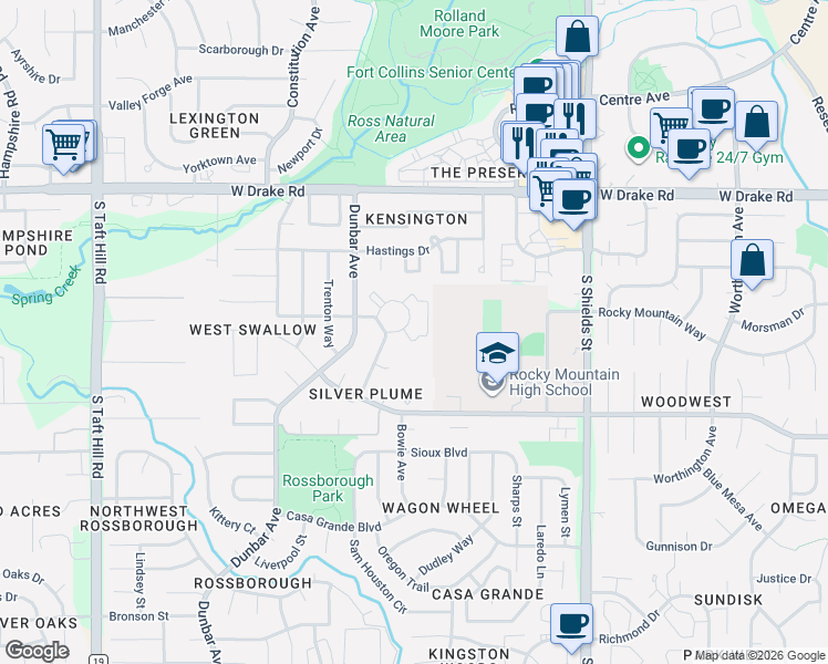 map of restaurants, bars, coffee shops, grocery stores, and more near 1512 Silverton Court in Fort Collins