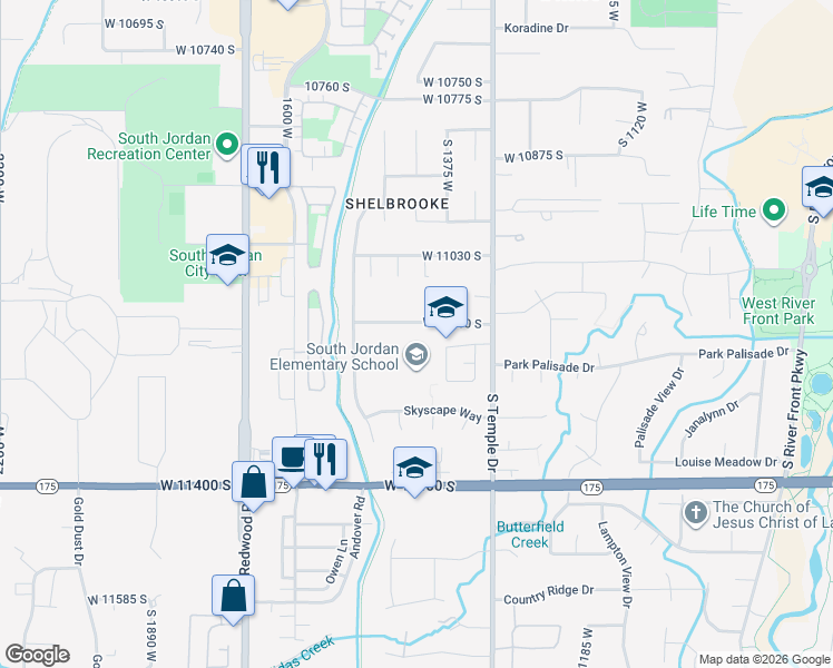 map of restaurants, bars, coffee shops, grocery stores, and more near 11205 Black Cherry Way in South Jordan