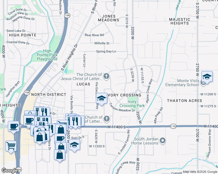 map of restaurants, bars, coffee shops, grocery stores, and more near 11188 Black Hawk Drive in South Jordan