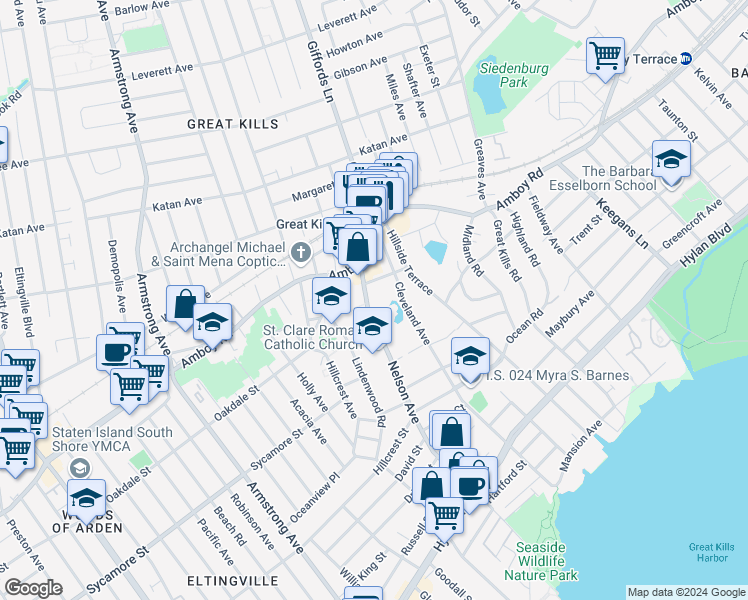 map of restaurants, bars, coffee shops, grocery stores, and more near 79 Nelson Avenue in Staten Island