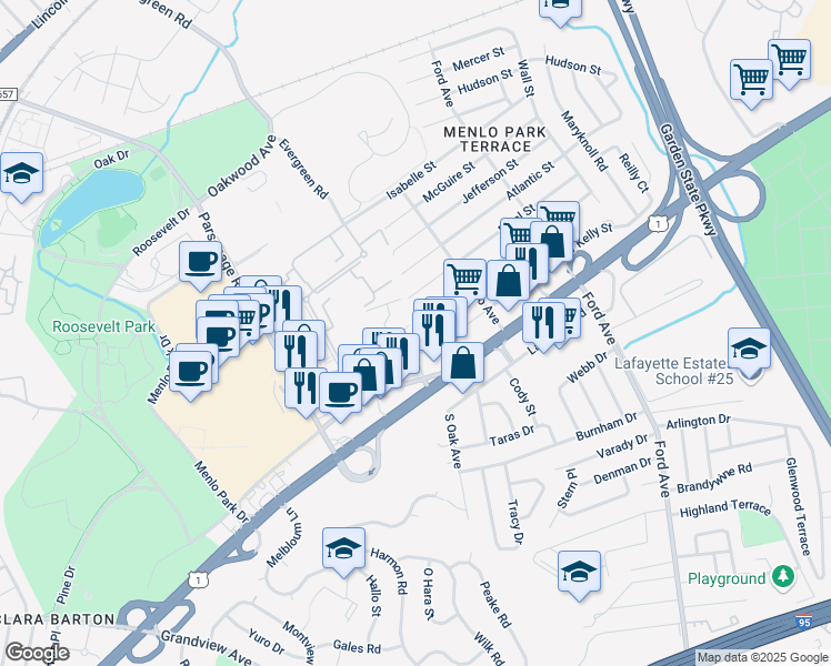 map of restaurants, bars, coffee shops, grocery stores, and more near 402 Lafayette Road in Metuchen