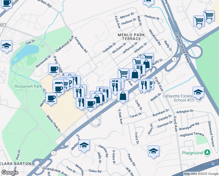 map of restaurants, bars, coffee shops, grocery stores, and more near 402 Lafayette Road in Metuchen