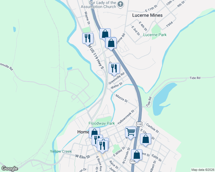 map of restaurants, bars, coffee shops, grocery stores, and more near 48 Yankeetown Avenue in Homer City