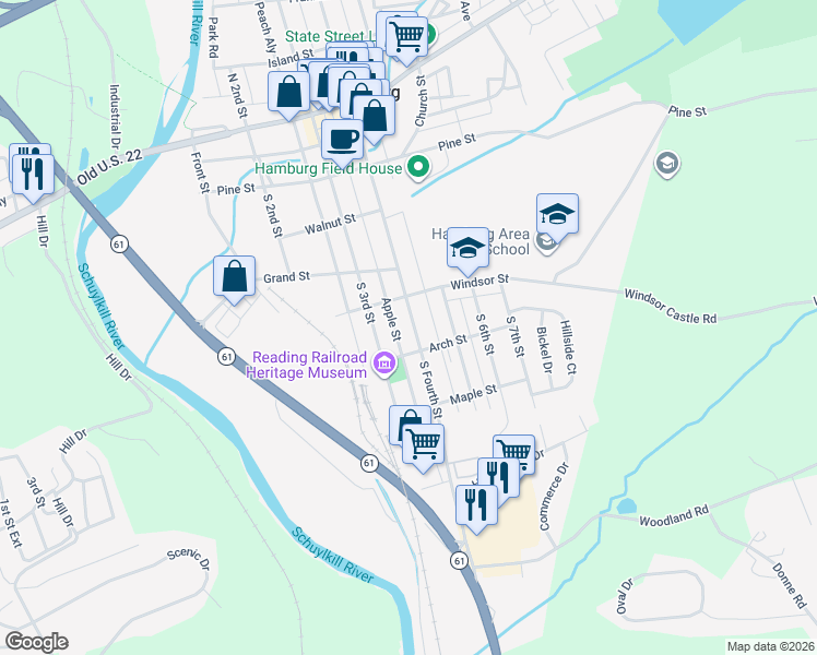 map of restaurants, bars, coffee shops, grocery stores, and more near 455 South Fourth Street in Hamburg
