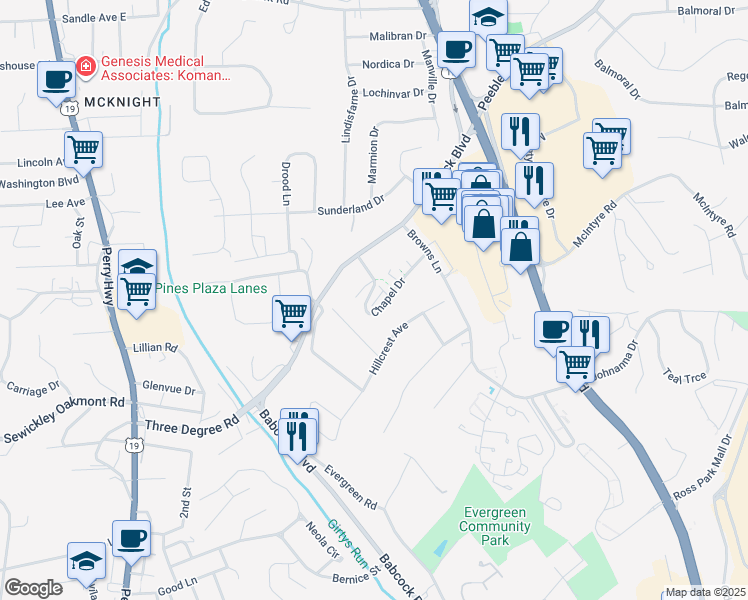 map of restaurants, bars, coffee shops, grocery stores, and more near 26 Chapel Drive in Pittsburgh