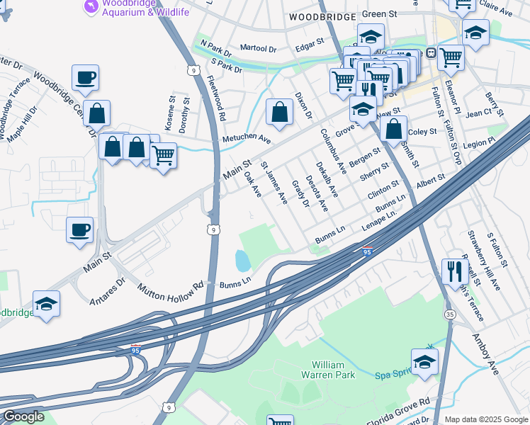 map of restaurants, bars, coffee shops, grocery stores, and more near 299 Oak Avenue in Woodbridge Township