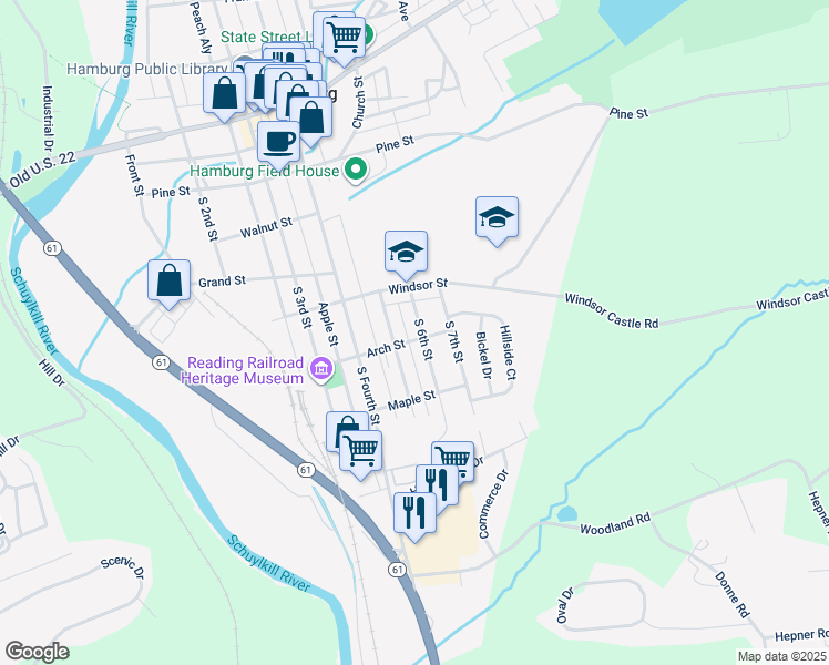 map of restaurants, bars, coffee shops, grocery stores, and more near 416 South 6th Street in Hamburg
