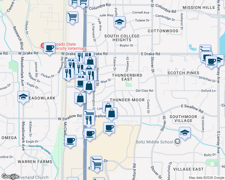 map of restaurants, bars, coffee shops, grocery stores, and more near 321 Del Clair Road in Fort Collins