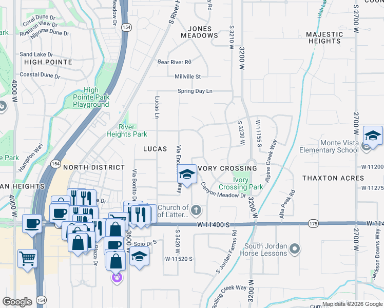 map of restaurants, bars, coffee shops, grocery stores, and more near 3388 Rocky Peak Way in South Jordan