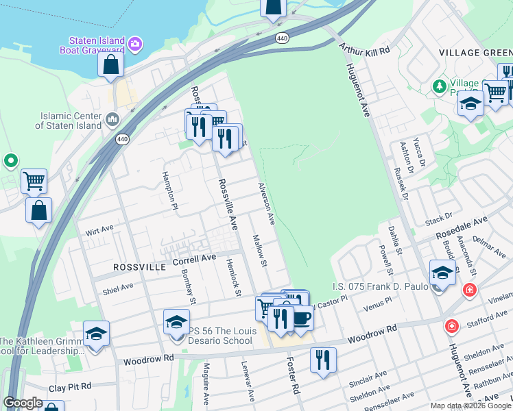 map of restaurants, bars, coffee shops, grocery stores, and more near 34 Barrow Place in Staten Island