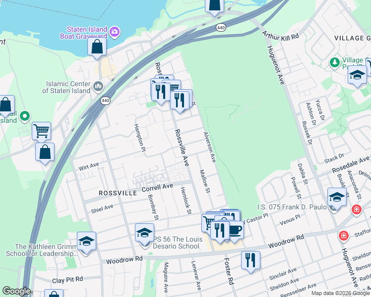 map of restaurants, bars, coffee shops, grocery stores, and more near 33 Acorn Court in Staten Island