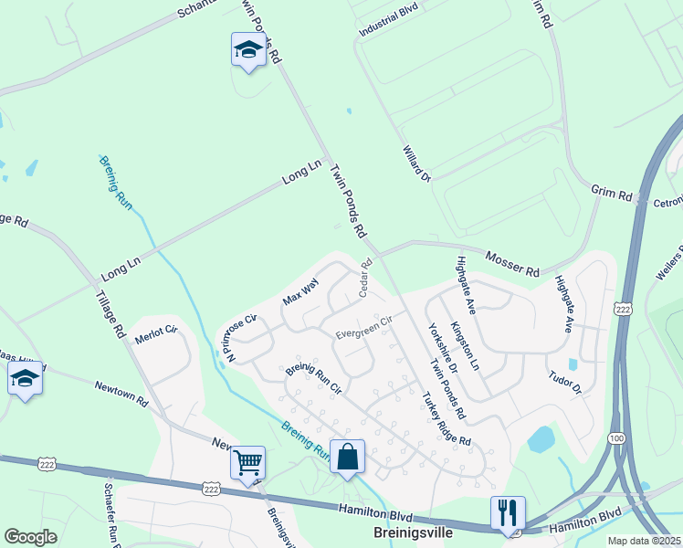 map of restaurants, bars, coffee shops, grocery stores, and more near 1016 Redwood Drive in Breinigsville