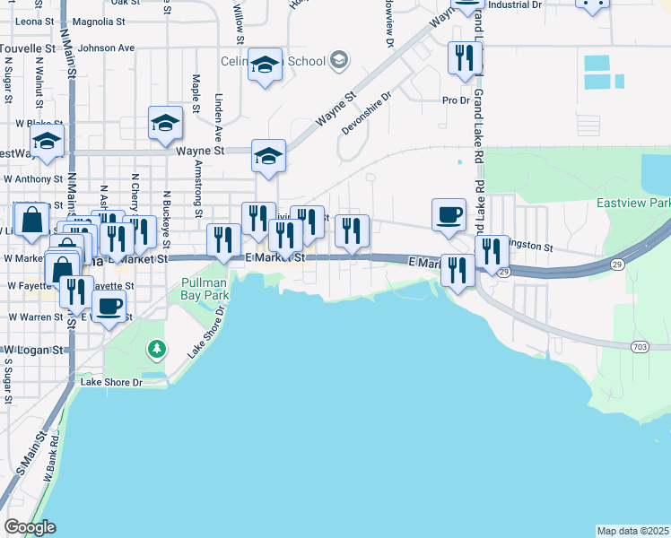 map of restaurants, bars, coffee shops, grocery stores, and more near 127 South Leblond Street in Celina