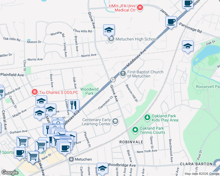 map of restaurants, bars, coffee shops, grocery stores, and more near 277 Grove Avenue in Metuchen
