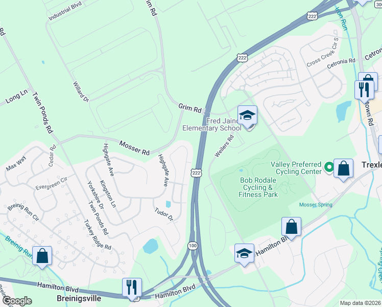 map of restaurants, bars, coffee shops, grocery stores, and more near 1030 King Way in Breinigsville