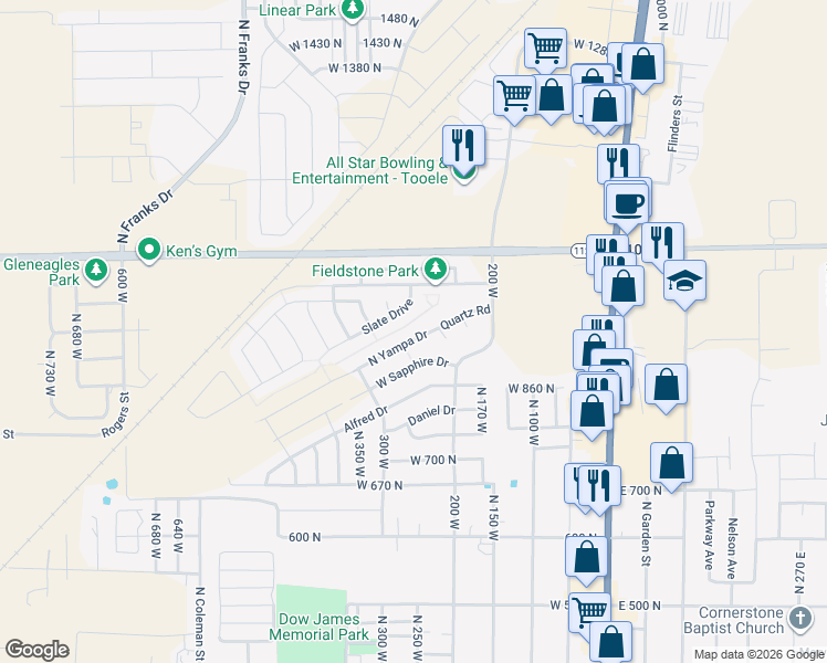 map of restaurants, bars, coffee shops, grocery stores, and more near 262 West Quartz Road in Tooele