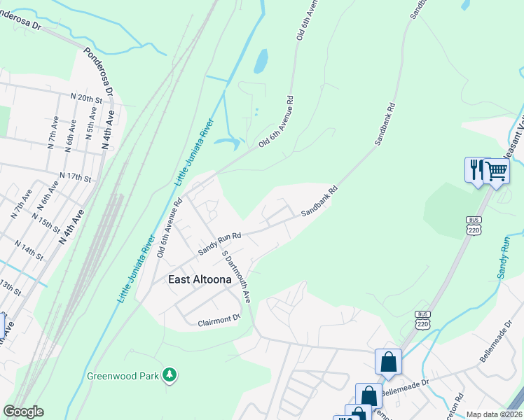 map of restaurants, bars, coffee shops, grocery stores, and more near 104 Foxglove Road in Altoona