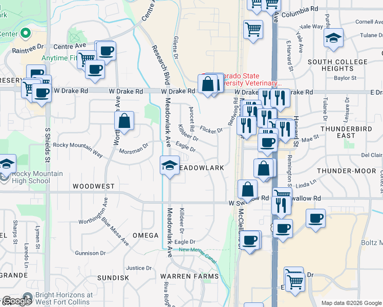 map of restaurants, bars, coffee shops, grocery stores, and more near 3000 Meadowlark Avenue in Fort Collins