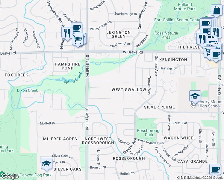 map of restaurants, bars, coffee shops, grocery stores, and more near 1925 Hull Street in Fort Collins