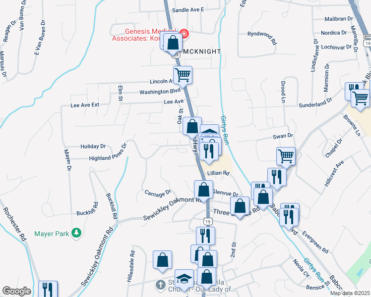 map of restaurants, bars, coffee shops, grocery stores, and more near Perrytown Place in Ross Township