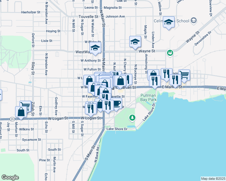 map of restaurants, bars, coffee shops, grocery stores, and more near 130 East Market Street in Celina