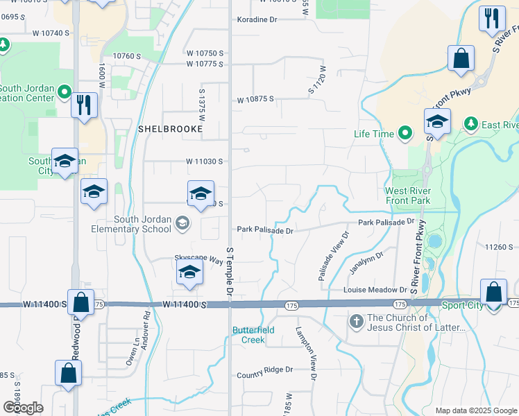 map of restaurants, bars, coffee shops, grocery stores, and more near 1242 Park Palisade Drive in South Jordan