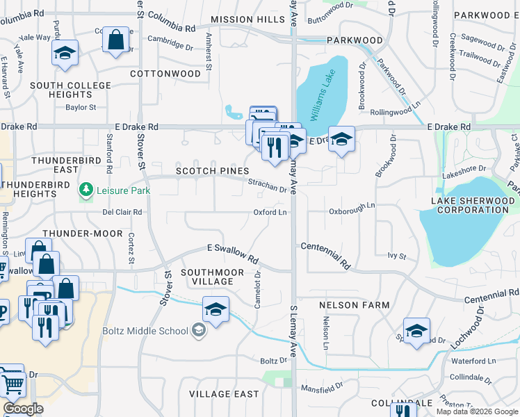 map of restaurants, bars, coffee shops, grocery stores, and more near 2900 Oxford Court in Fort Collins