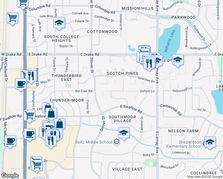map of restaurants, bars, coffee shops, grocery stores, and more near 2924 Southmoor Drive in Fort Collins