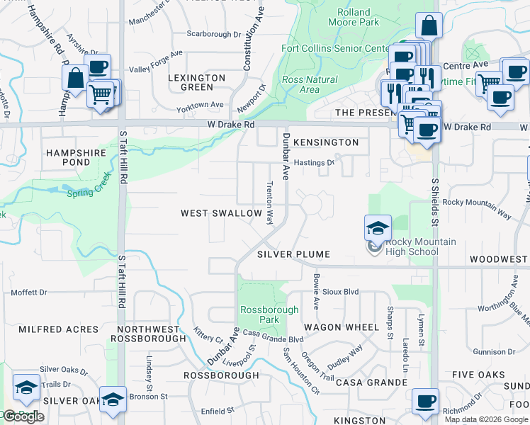 map of restaurants, bars, coffee shops, grocery stores, and more near 1624 West Swallow Road in Fort Collins