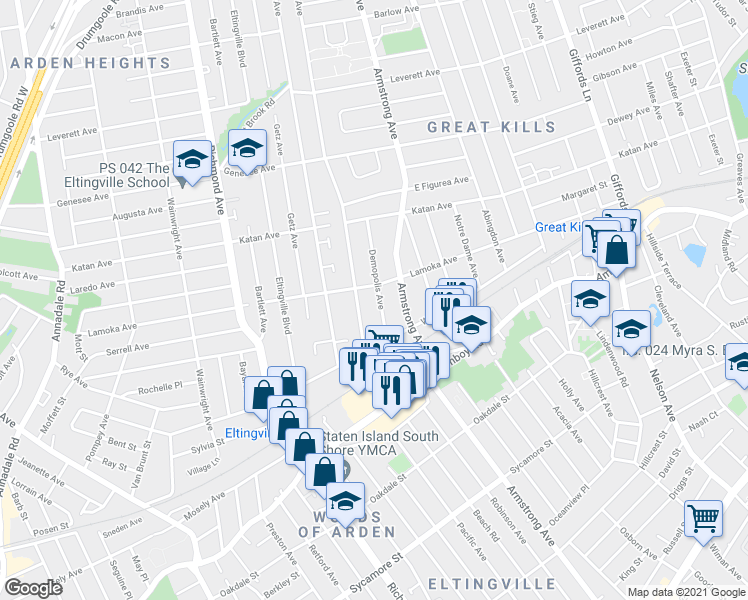 map of restaurants, bars, coffee shops, grocery stores, and more near 451 Cortelyou Avenue in Staten Island